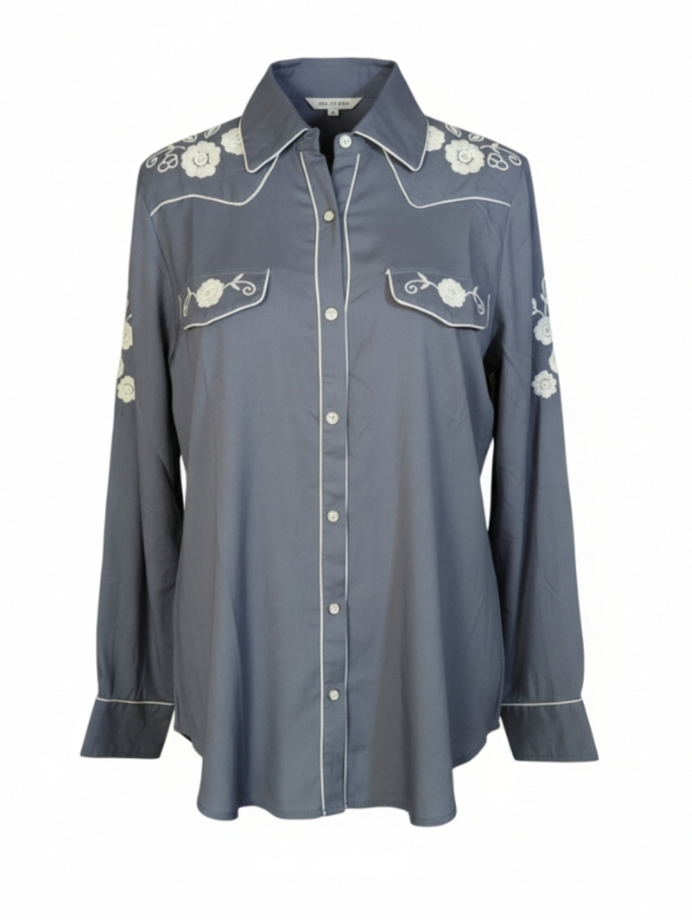 Vintage Goa Gray Western Boho Prairie Embroidered Shirt 100% Cotton Button NWT